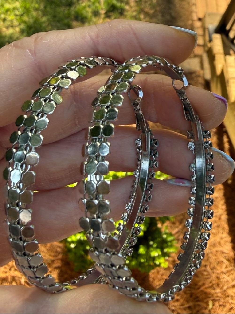 Silver Hexagon Link Hoop Earrings - Women Jewelry